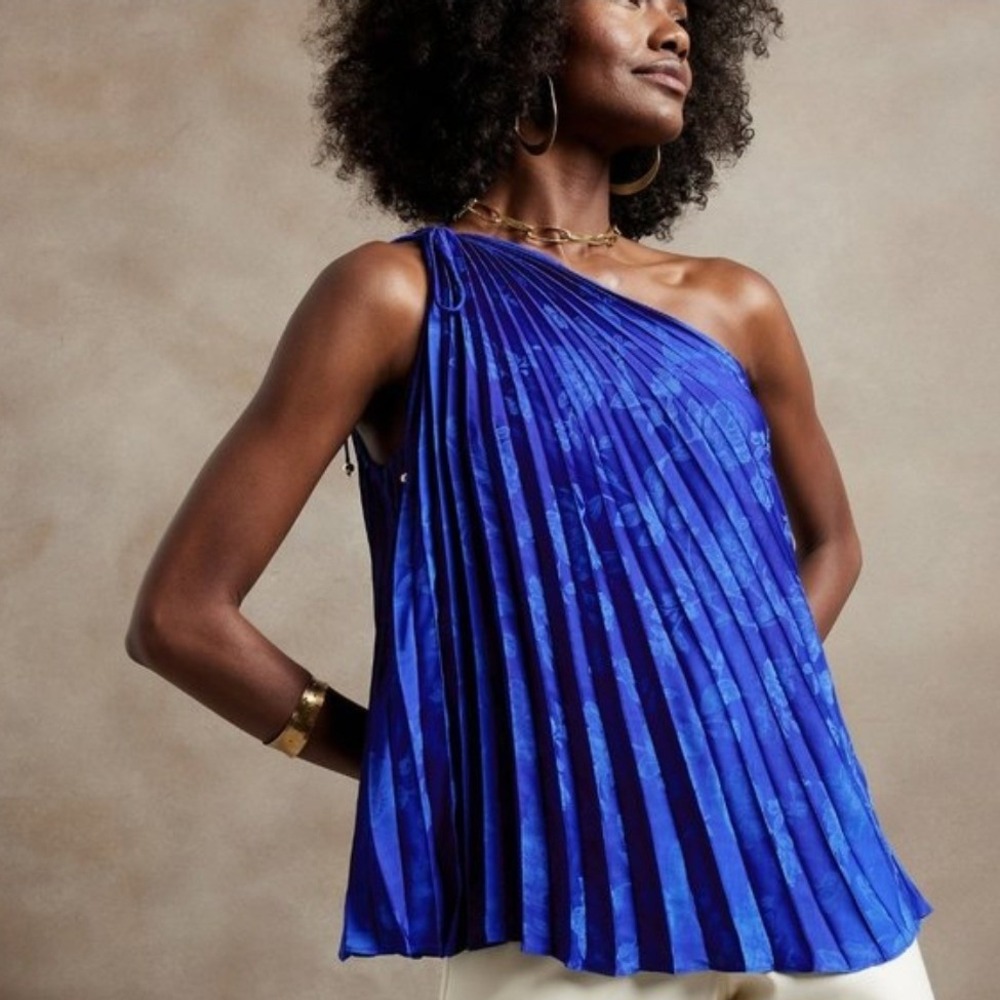 Banana Republic One Shoulder Asymmetrical Royal Blue Top Pleated Floral NWT L